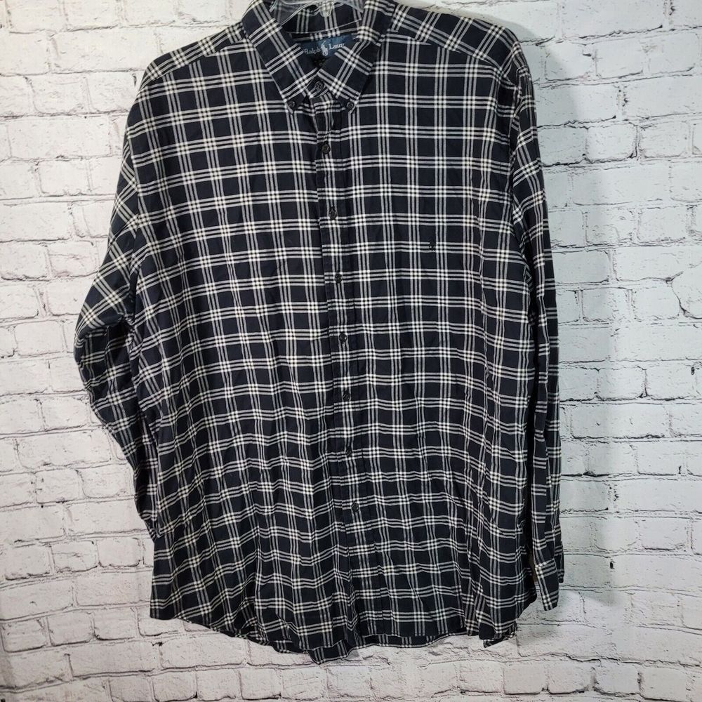 Ralph Lauren Button Down Shirt Mens 2XLT Navy Plaid Classic Fit Long Sleeve